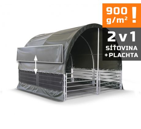 Prístrešok pre zvieratá 4×4 m, vr. ohradenia, 900 g/m2 sieť + plachta (2v1)