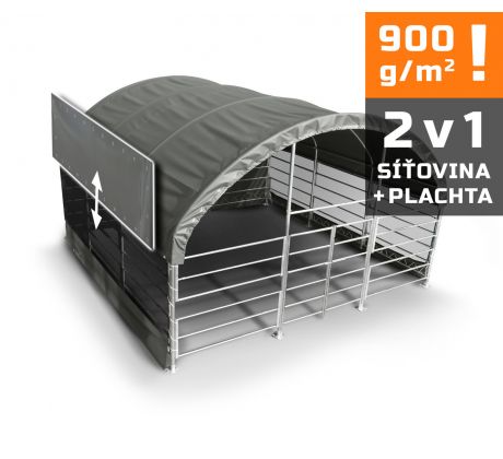 Prístrešok pre zvieratá 6×6 m, vr. ohradenia, 900 g/m2 sieť + plachta (2v1)