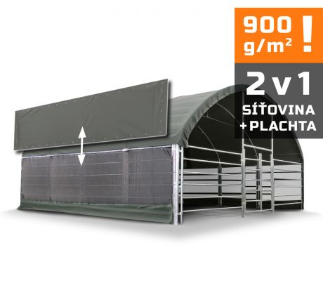 Prístrešok pre zvieratá 8×8 m, vr. ohradenia, 900 g/m2 sieť + plachta (2v1)