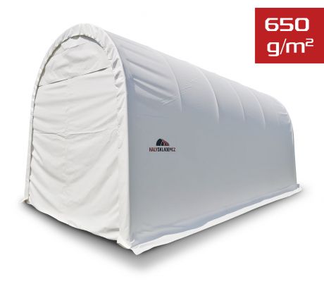 Plachtová garáž na karavan / obytné auto, Š 4,3 × D 9,2 × V 4,3 m, 650 g/m2, biela